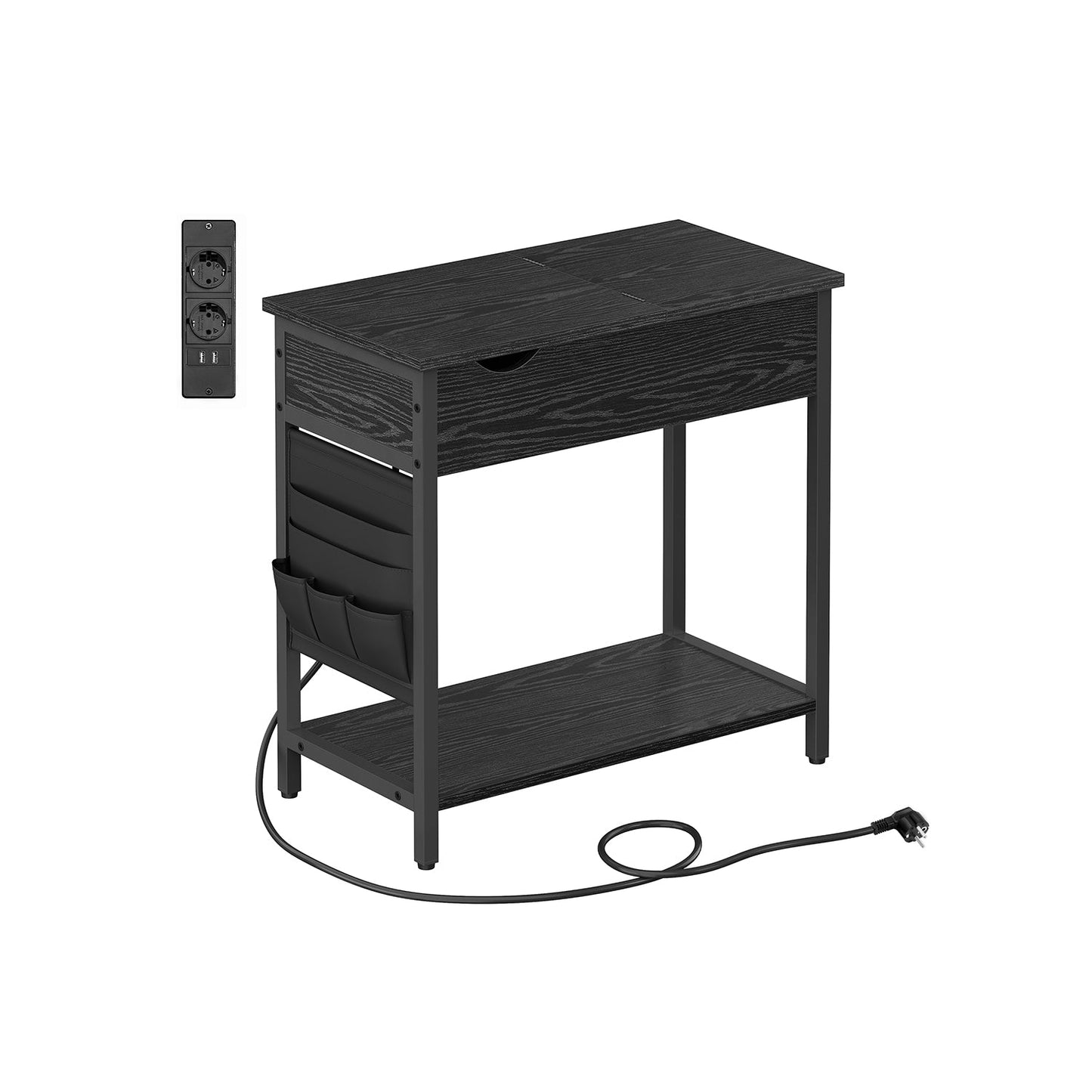 Beistelltisch mit Steckdose und USB-Anschlüssen schwarz mit Holzmaserung