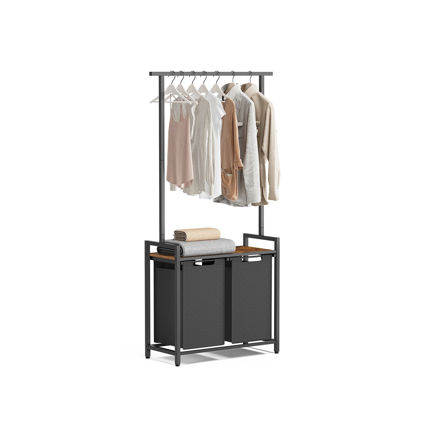 Wäschekorb 2 x 46 Liter mit Kleiderstange und Ablage 73 x 33 x 177 cm