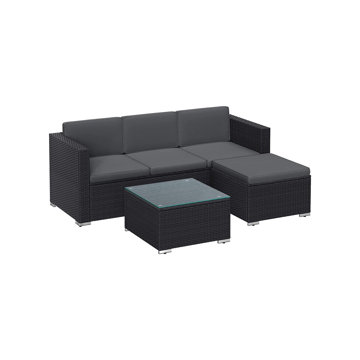 Gartenmöbel-Set mit Kissen und Glastisch schwarz-grau