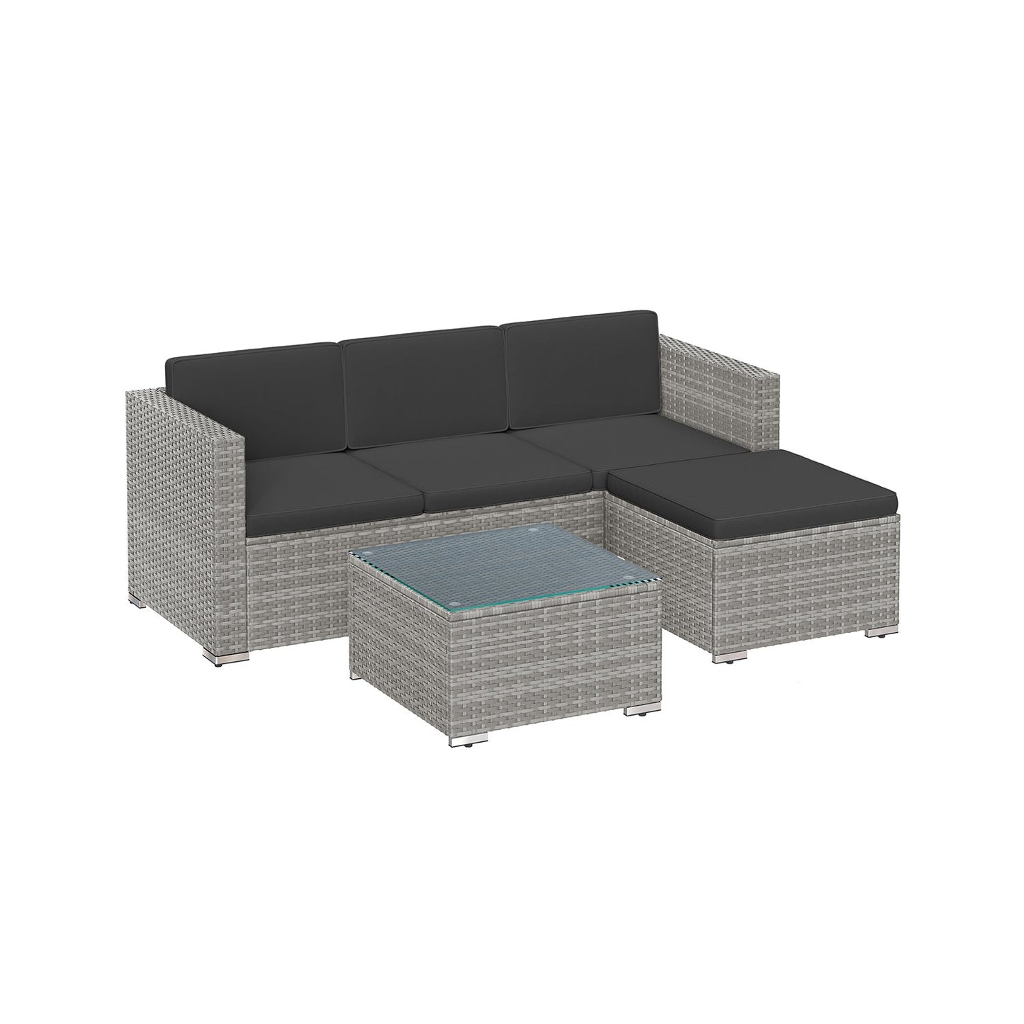Balkonmöbel aus PE-Polyrattan mit Kissen und Glastisch