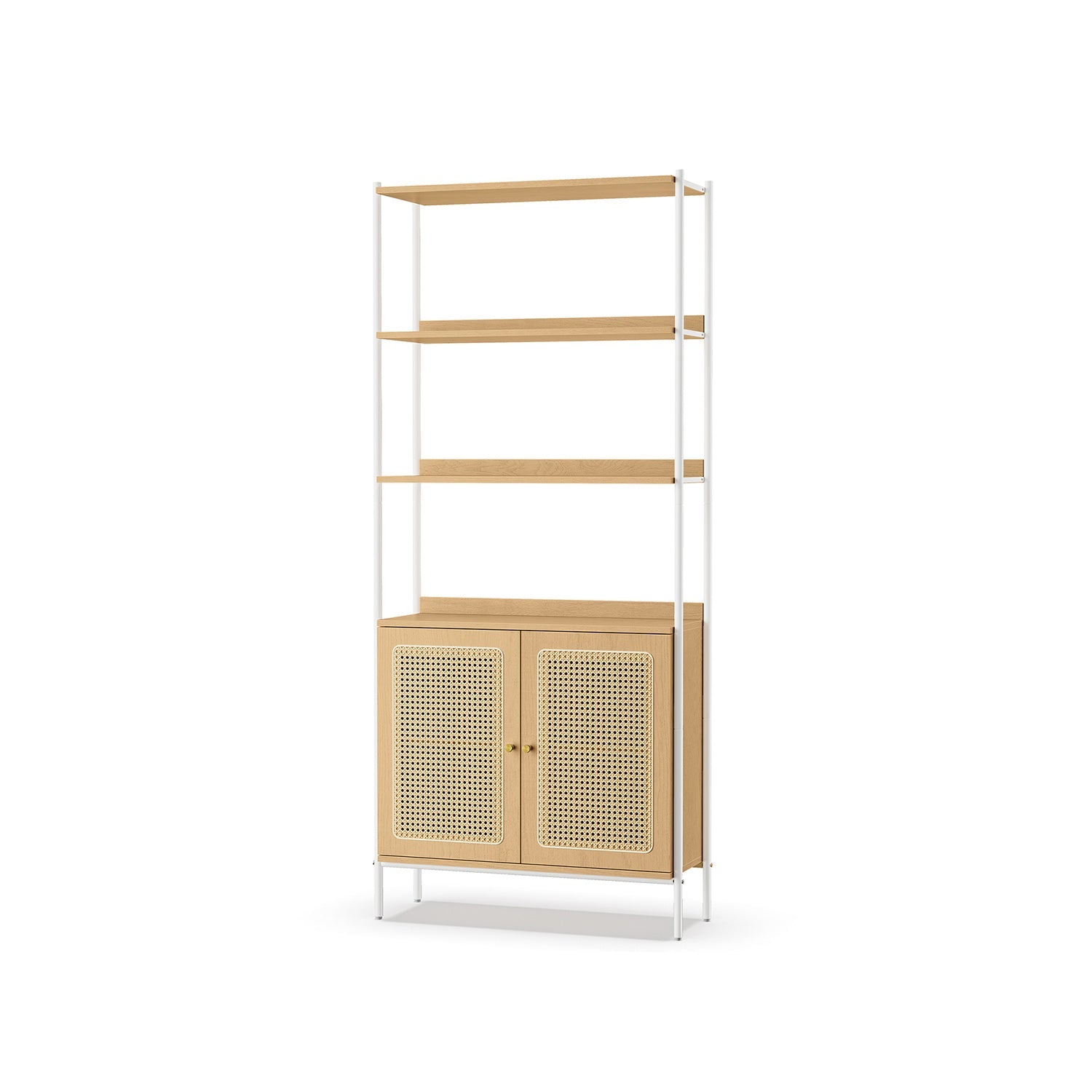 Bücherregal mit Türen in Rattan-Optik eichenbeige-perlweiß